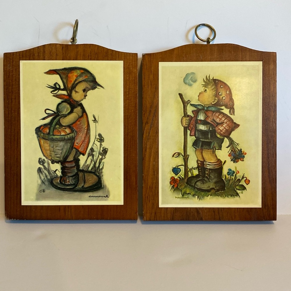 2 Vintage Hummel Wood Plaque Art Print Wall Art Boy & Girl